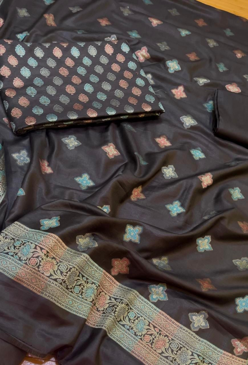 Banarasi Woven 3-Piece Suit in Cotton - Black