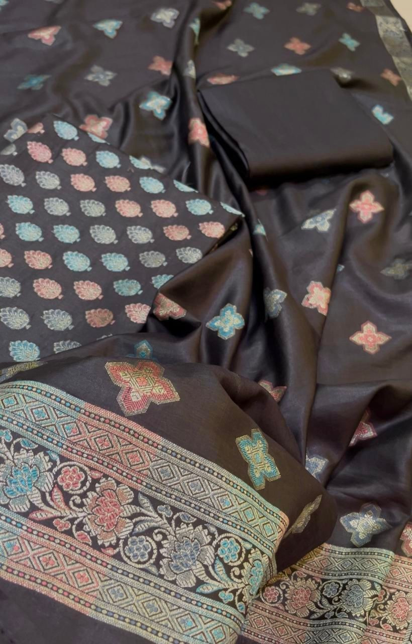 Banarasi Woven 3-Piece Suit in Cotton - Black