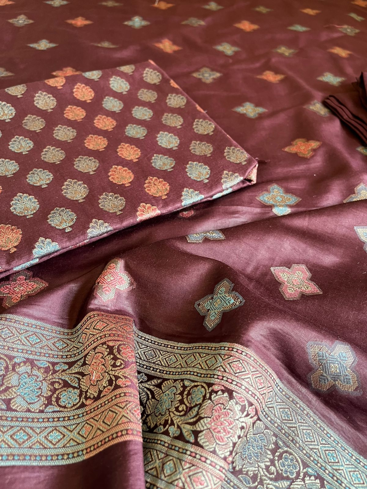 Banarasi Woven 3-Piece Suit in Cotton - Wine