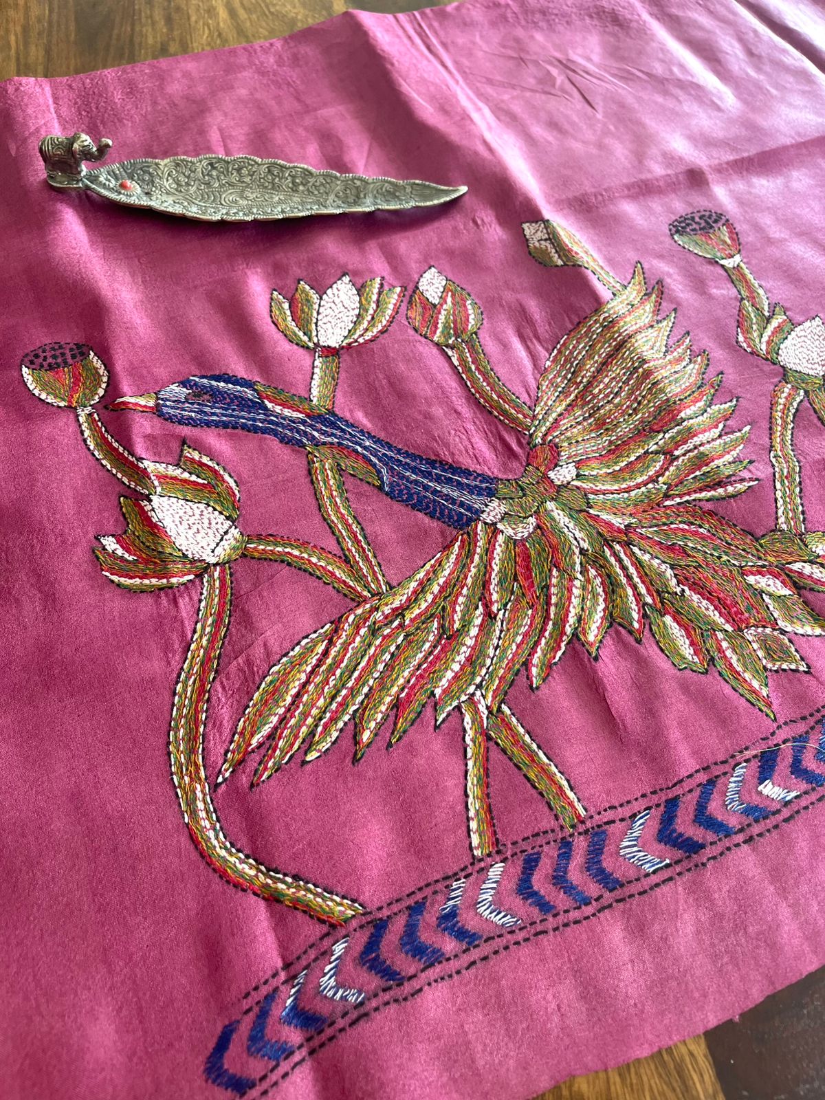 Pure Silk Kantha Hand embroidered Blouse - Unstitched - Onion Pink