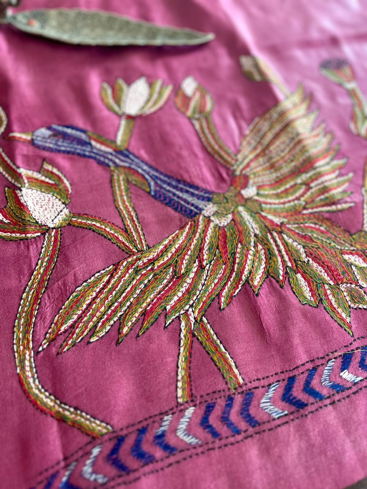 Pure Silk Kantha Hand embroidered Blouse - Unstitched - Onion Pink