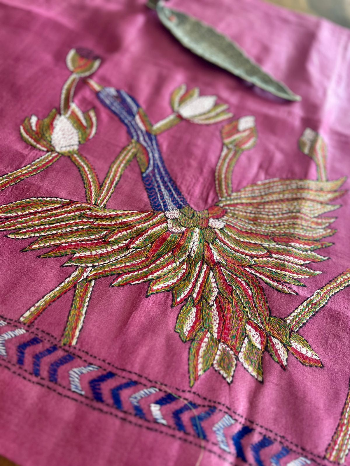 Pure Silk Kantha Hand embroidered Blouse - Unstitched - Onion Pink