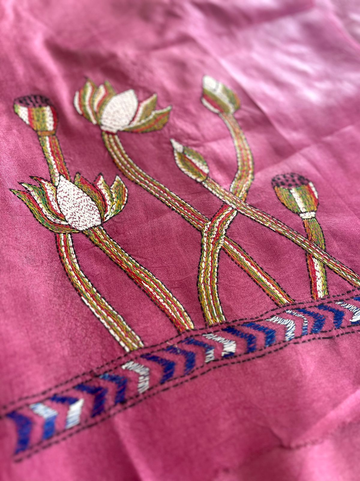 Pure Silk Kantha Hand embroidered Blouse - Unstitched - Onion Pink