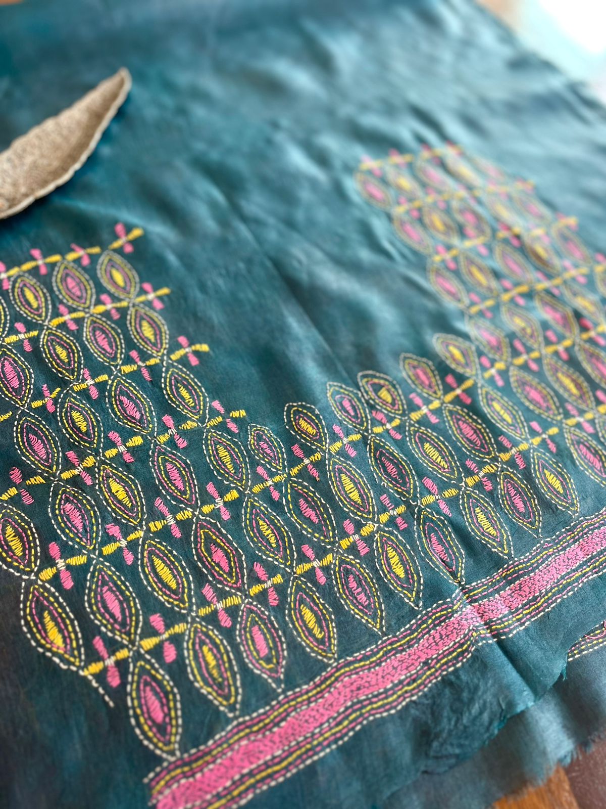 Pure Silk Kantha Hand embroidered Blouse - Unstitched -Teal Grey