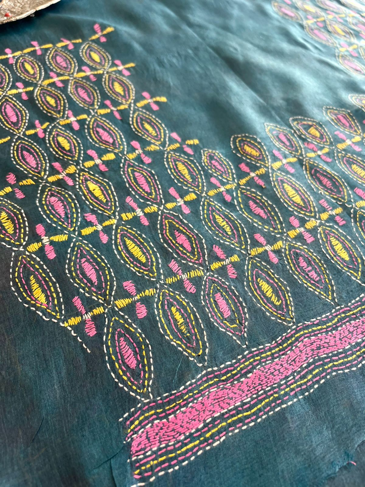 Pure Silk Kantha Hand embroidered Blouse - Unstitched -Teal Grey