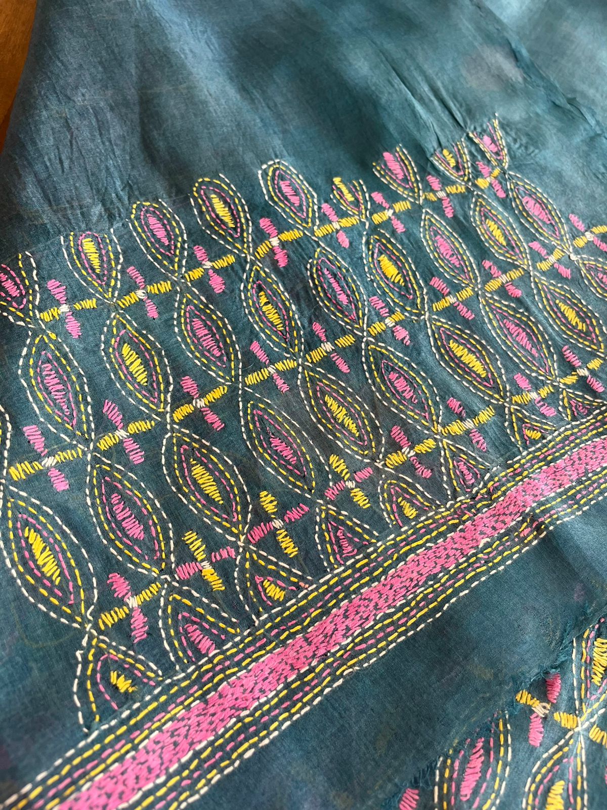 Pure Silk Kantha Hand embroidered Blouse - Unstitched -Teal Grey