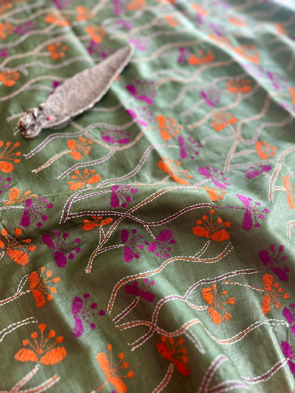 Pure Silk Kantha Hand embroidered Blouse - Unstitched -Olive Orange