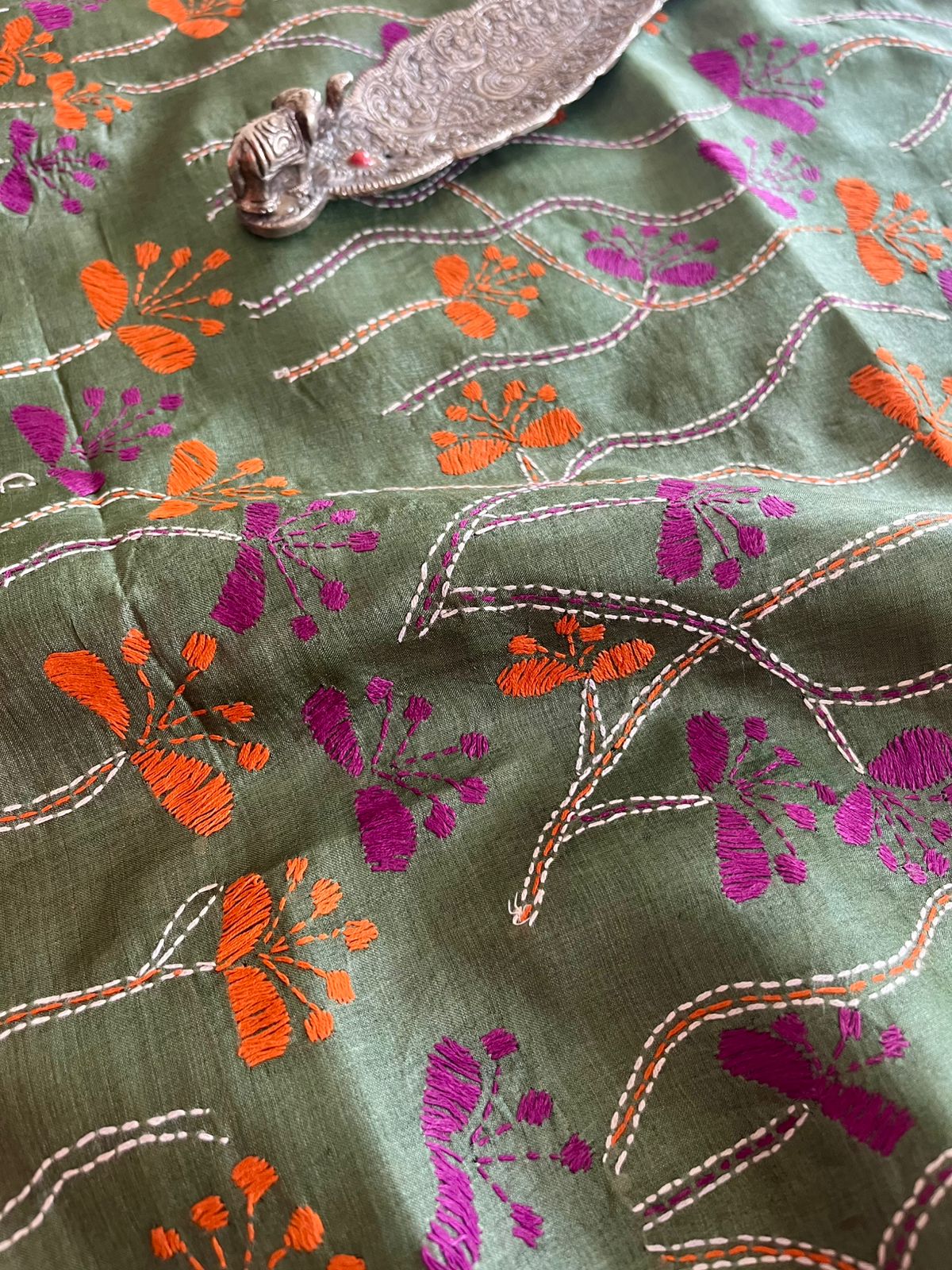 Pure Silk Kantha Hand embroidered Blouse - Unstitched -Olive Orange