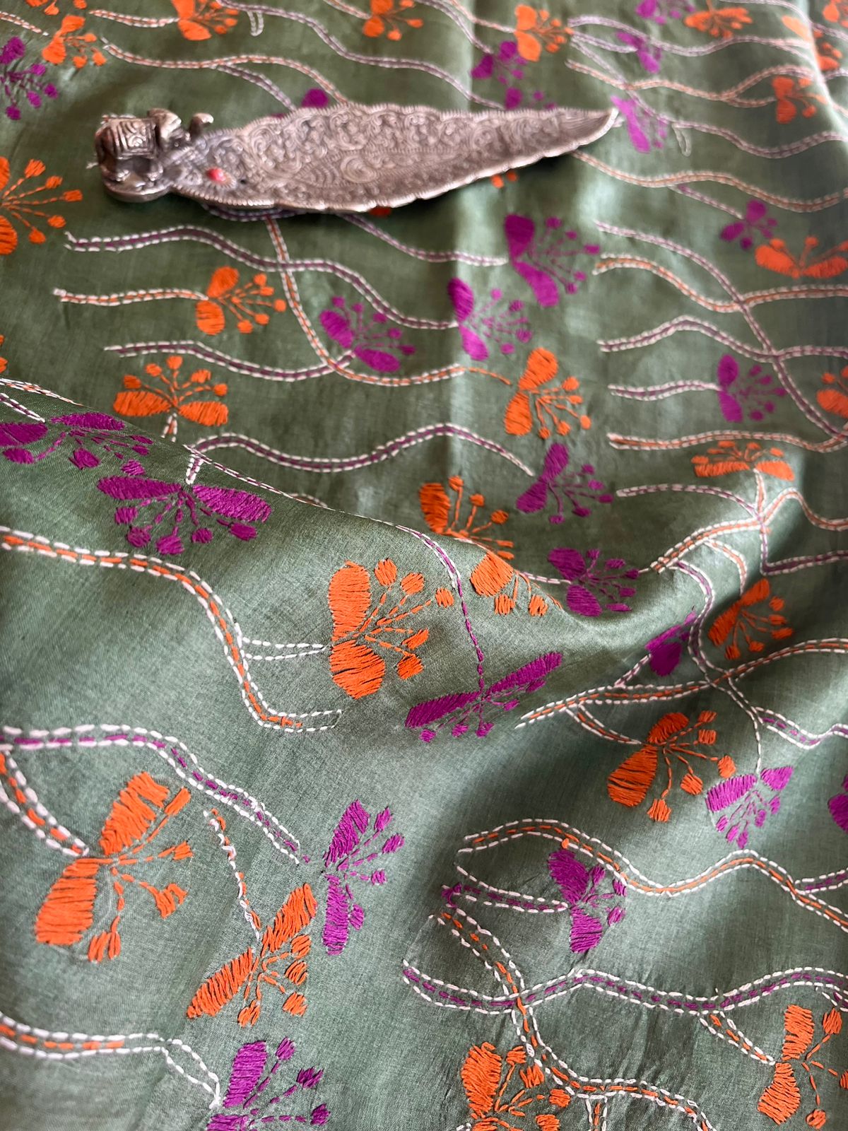 Pure Silk Kantha Hand embroidered Blouse - Unstitched -Olive Orange