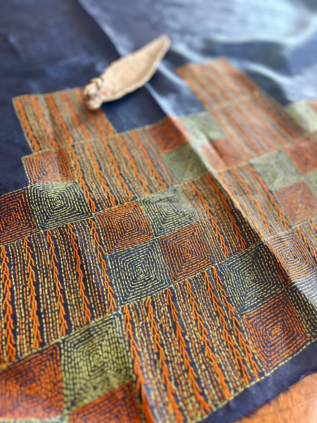 Pure Silk Kantha Hand embroidered Blouse - Unstitched -Navy Blue