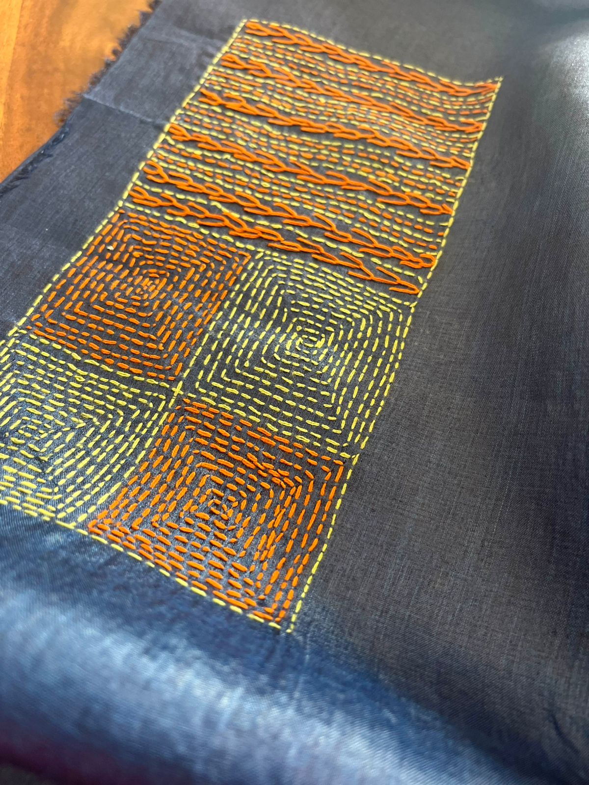 Pure Silk Kantha Hand embroidered Blouse - Unstitched -Navy Blue