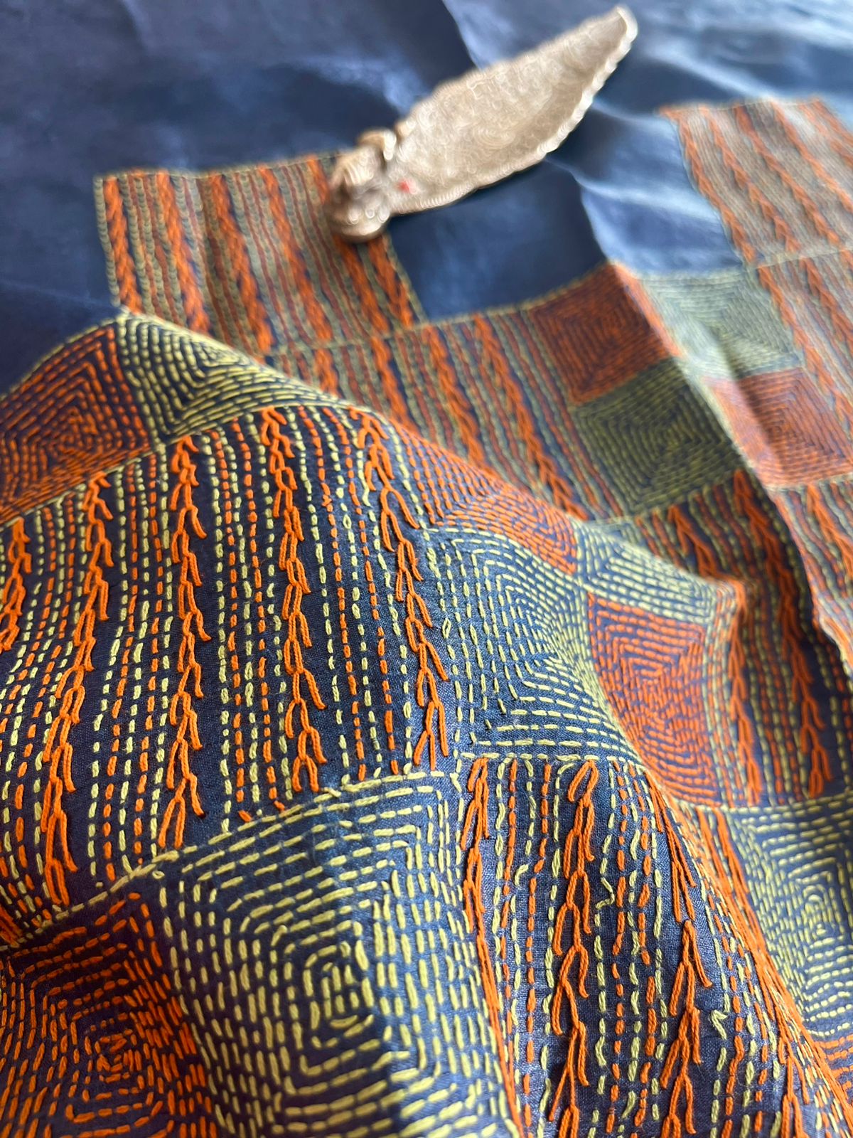 Pure Silk Kantha Hand embroidered Blouse - Unstitched -Navy Blue