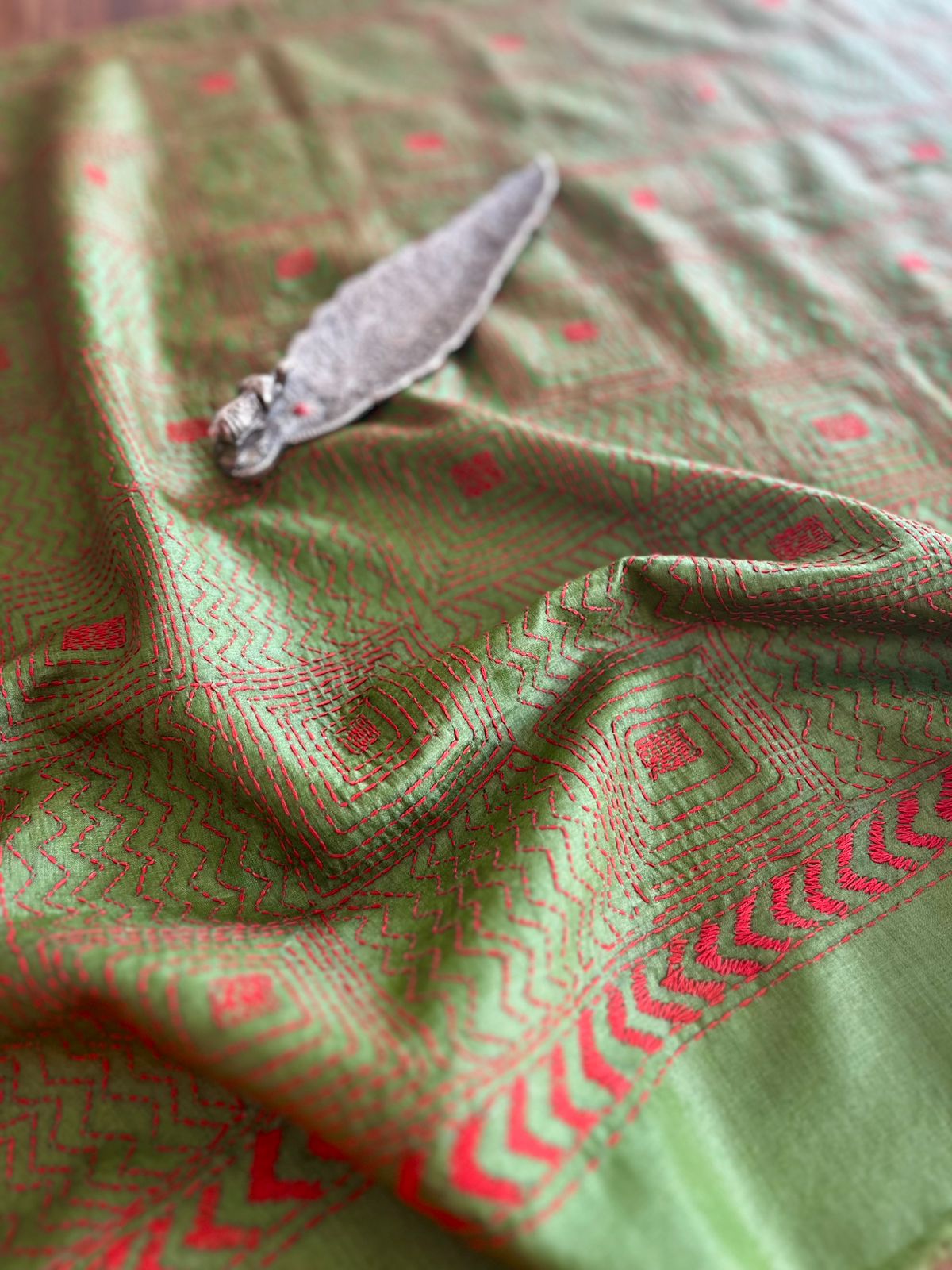 Pure Silk Kantha Hand embroidered Blouse - Unstitched - Olive Green