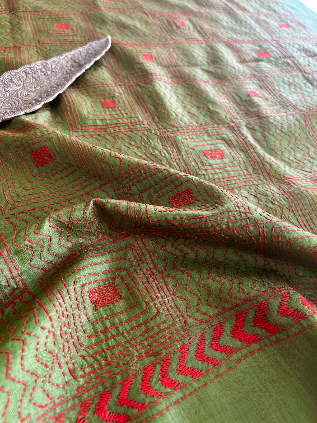 Pure Silk Kantha Hand embroidered Blouse - Unstitched - Olive Green