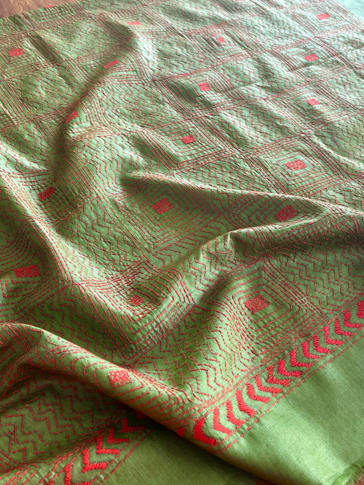 Pure Silk Kantha Hand embroidered Blouse - Unstitched - Olive Green