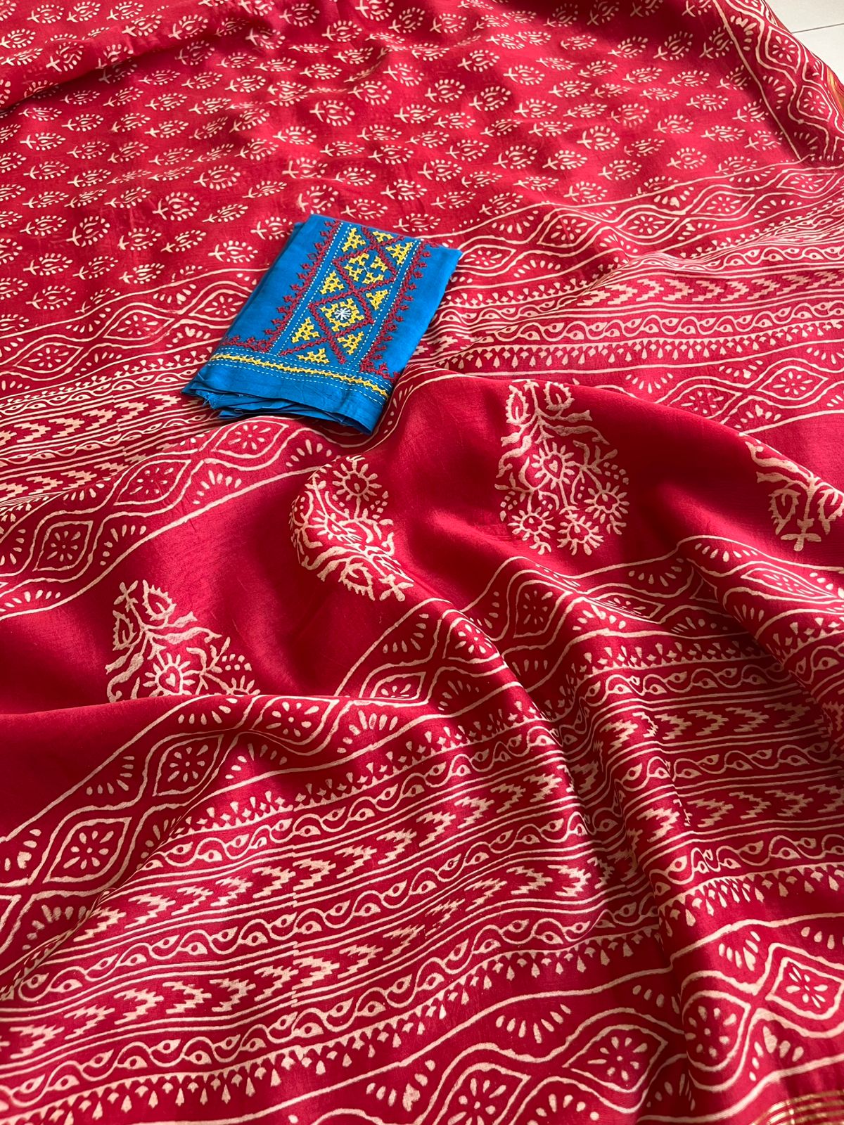 Chanderi Cotton Silk Dabu Hand Block Print Saree - Red