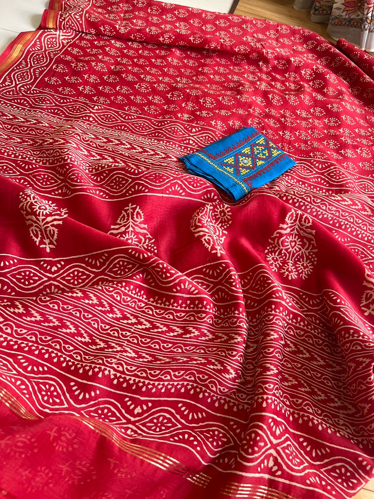 Chanderi Cotton Silk Dabu Hand Block Print Saree - Red