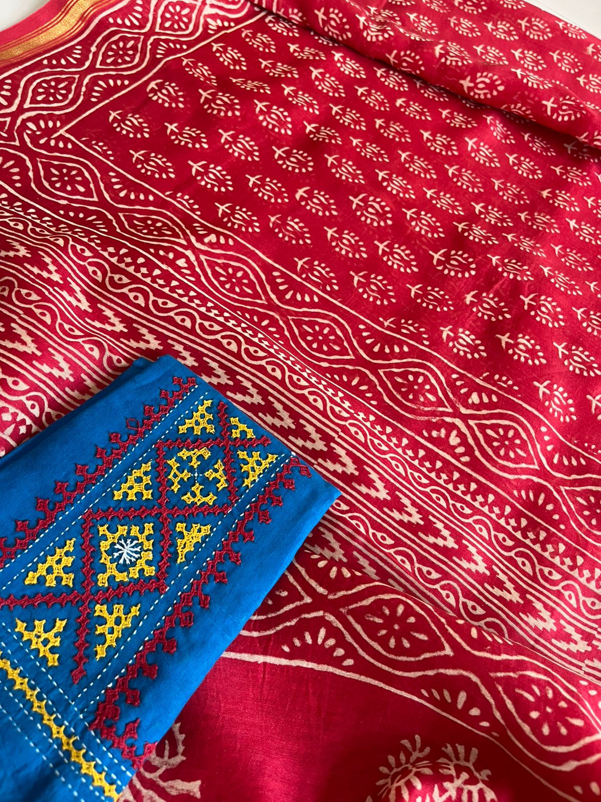 Chanderi Cotton Silk Dabu Hand Block Print Saree - Red