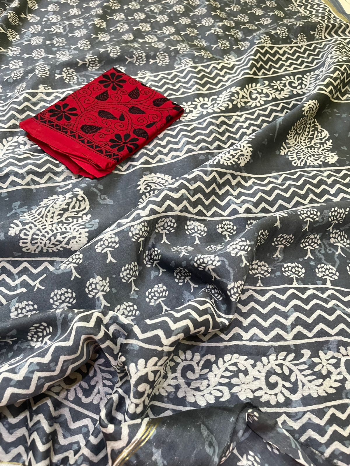 Chanderi Cotton Silk Dabu Hand Block Print Saree - Grey