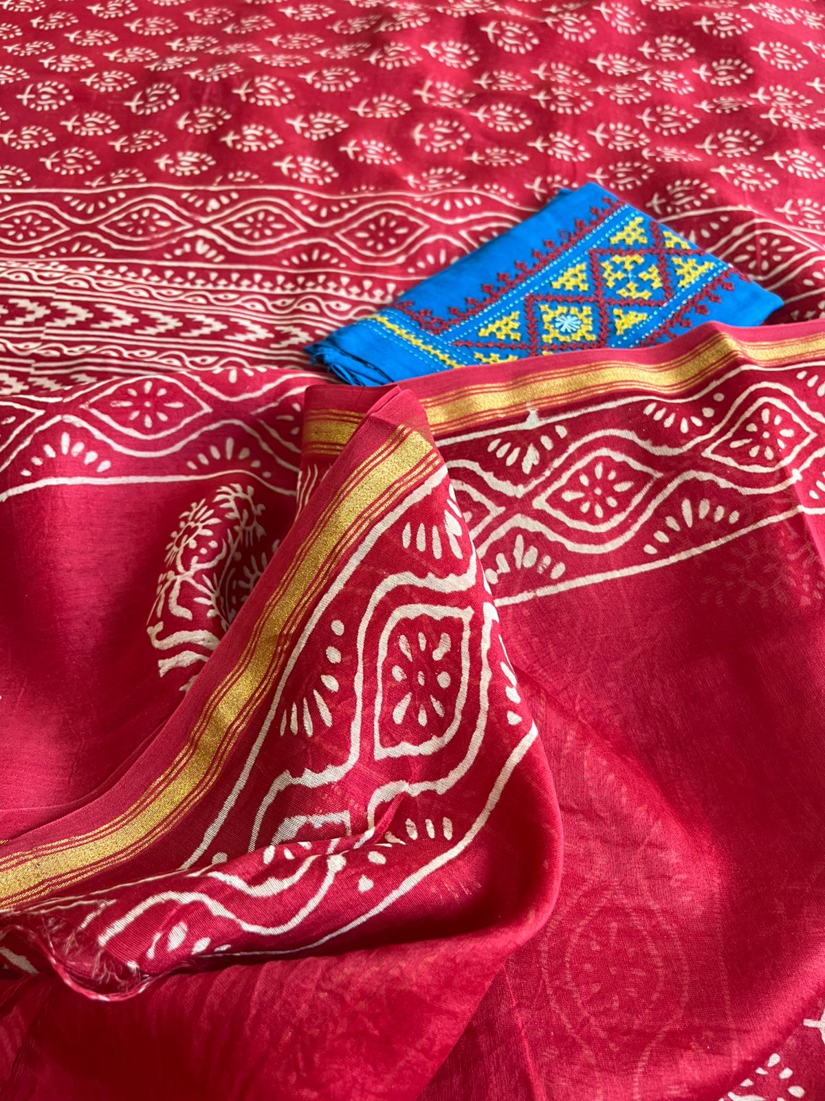 Chanderi Cotton Silk Dabu Hand Block Print Saree - Red