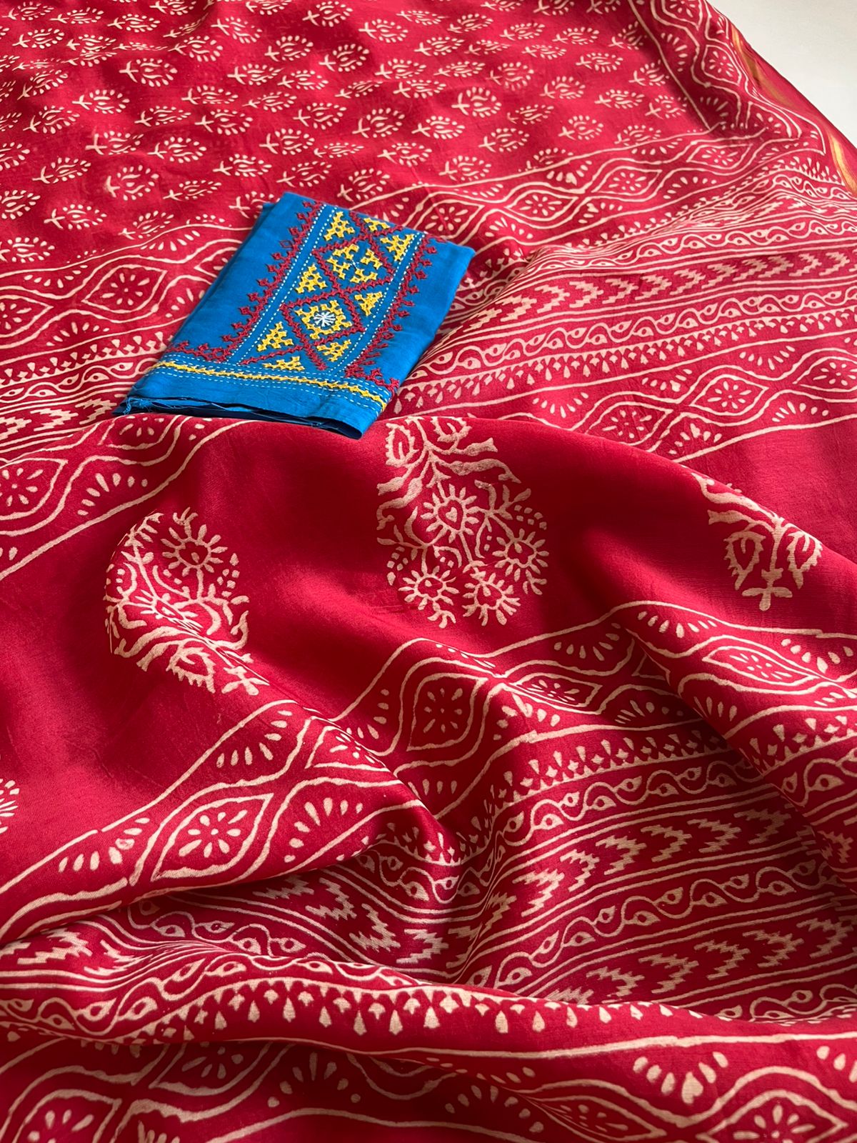 Chanderi Cotton Silk Dabu Hand Block Print Saree - Red