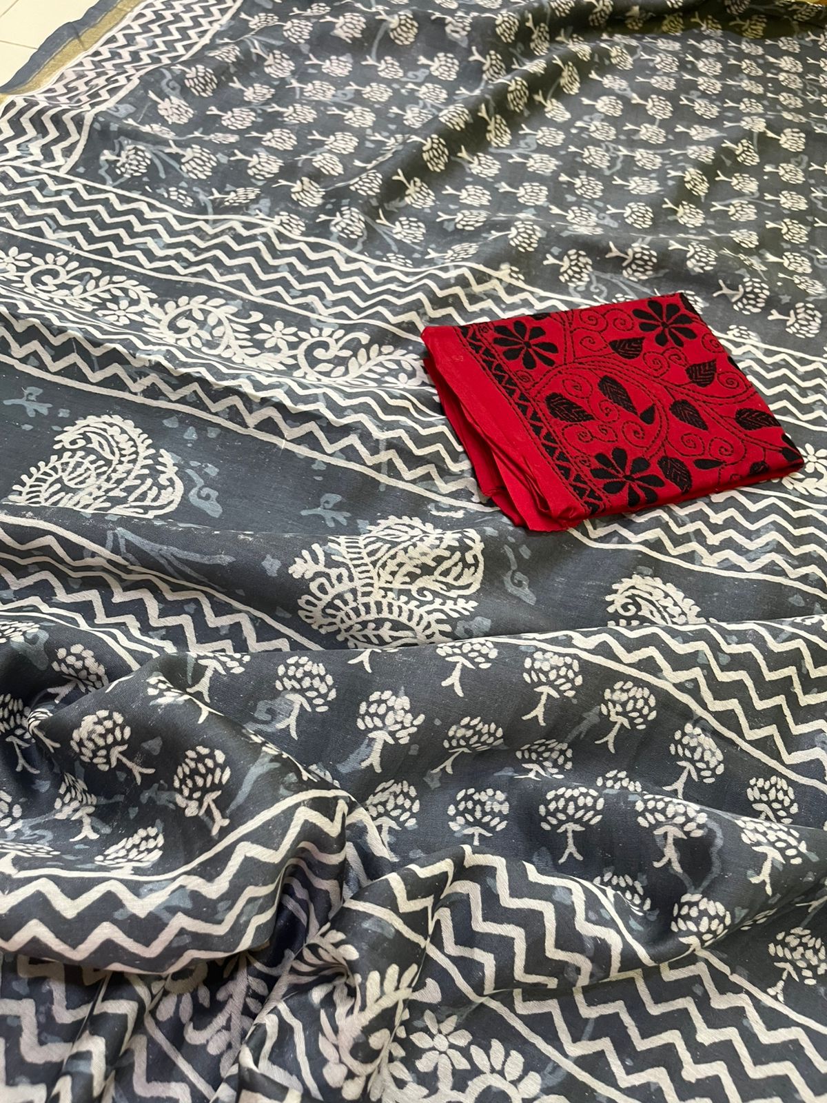 Chanderi Cotton Silk Dabu Hand Block Print Saree - Grey