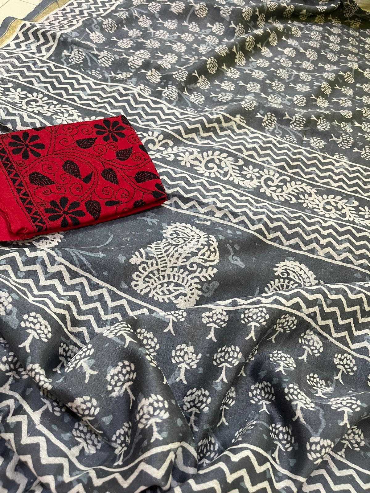 Chanderi Cotton Silk Dabu Hand Block Print Saree - Grey