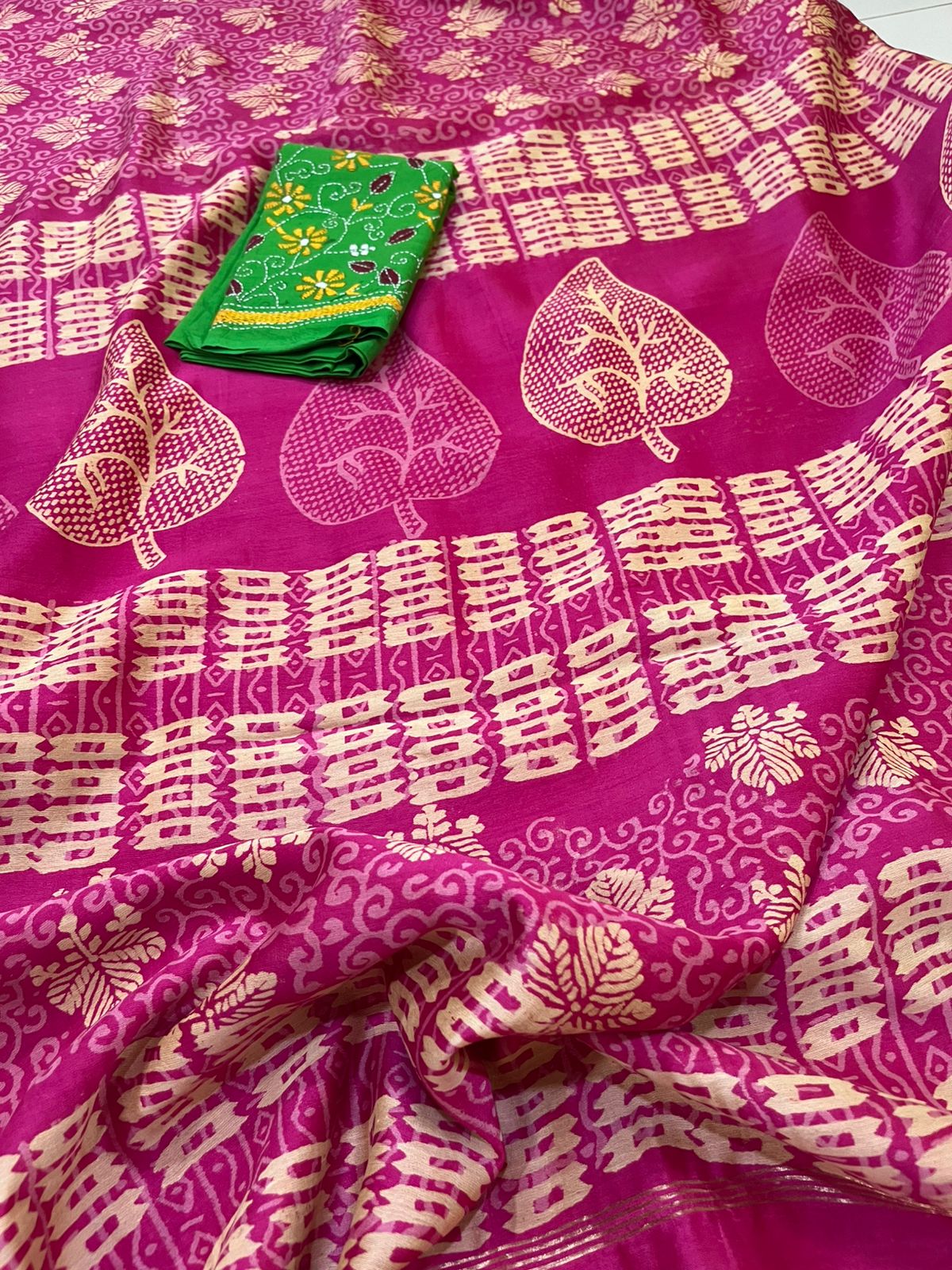 Chanderi Cotton Silk Dabu Hand Block Print Saree - Pink