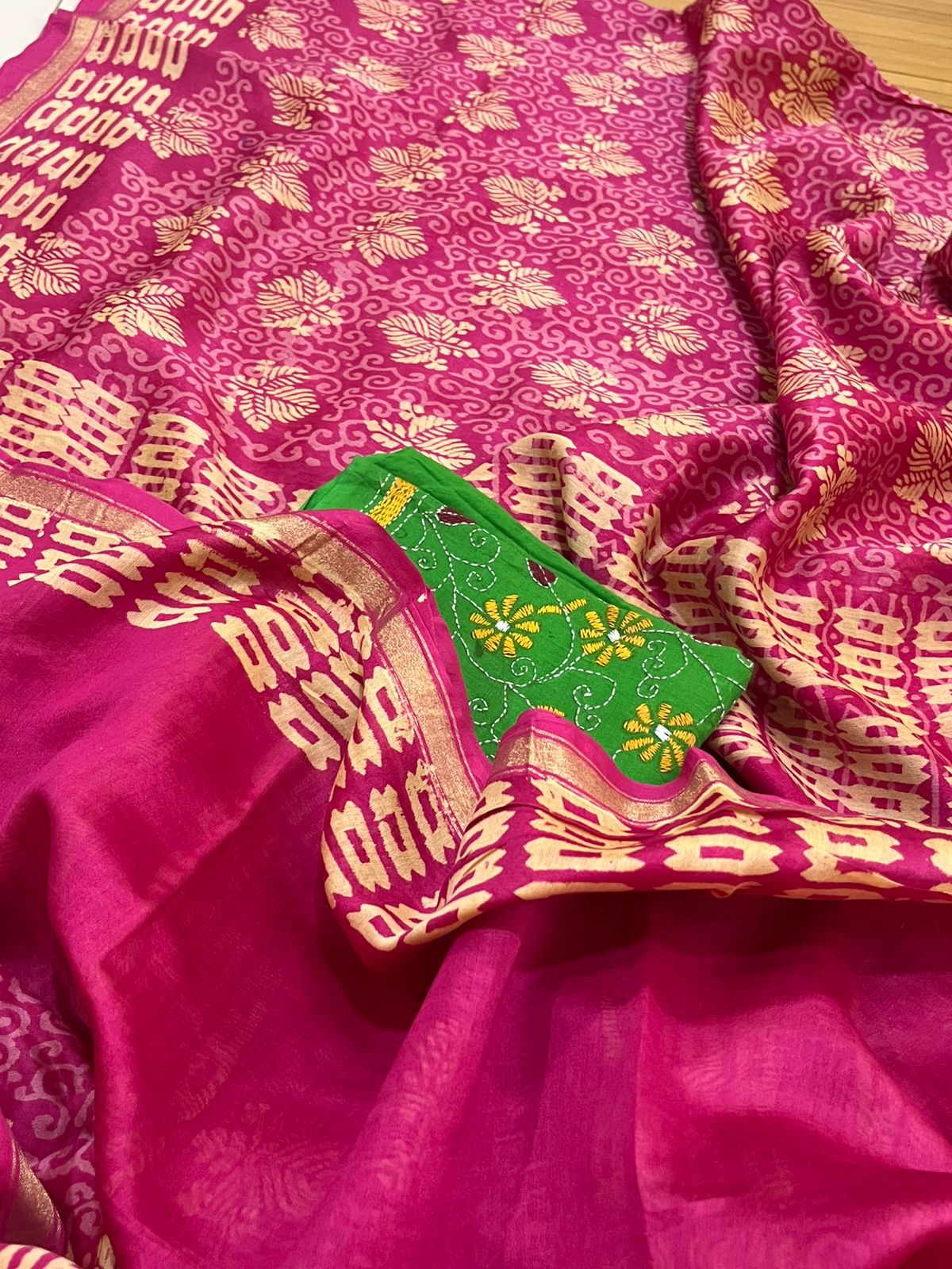 Chanderi Cotton Silk Dabu Hand Block Print Saree - Pink