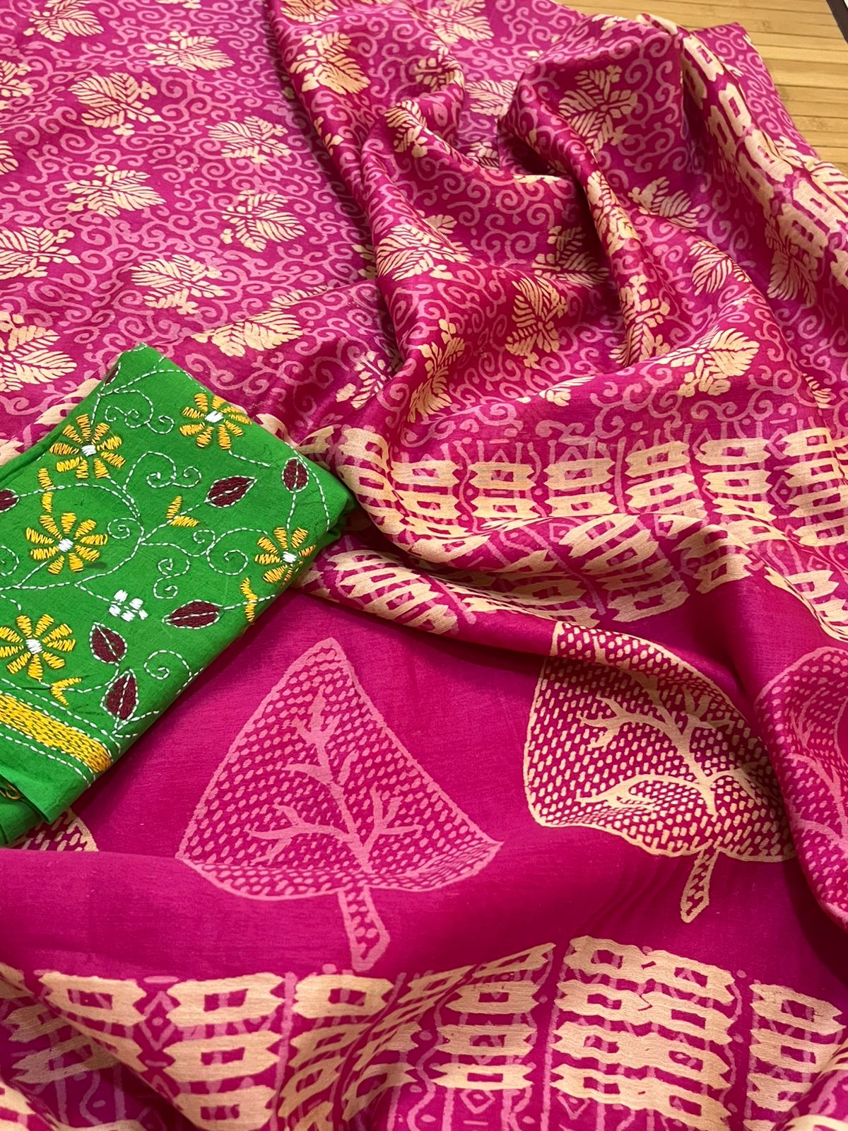 Chanderi Cotton Silk Dabu Hand Block Print Saree - Pink
