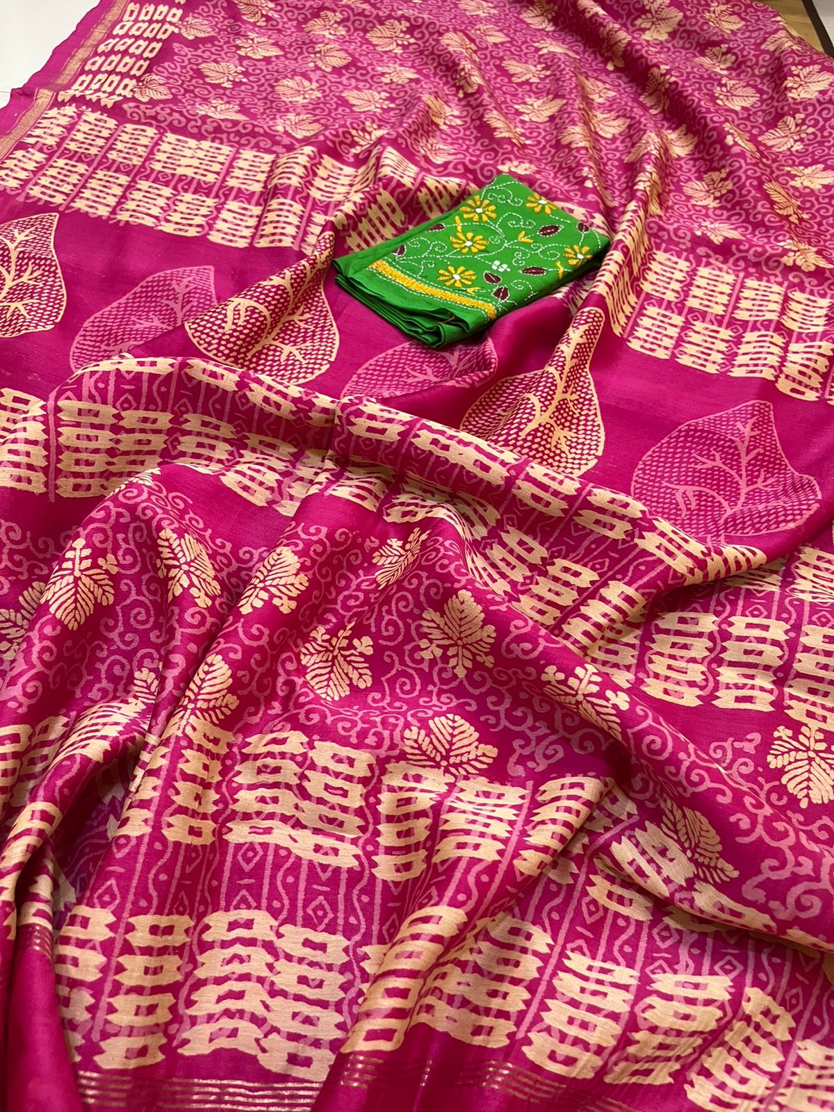 Chanderi Cotton Silk Dabu Hand Block Print Saree - Pink