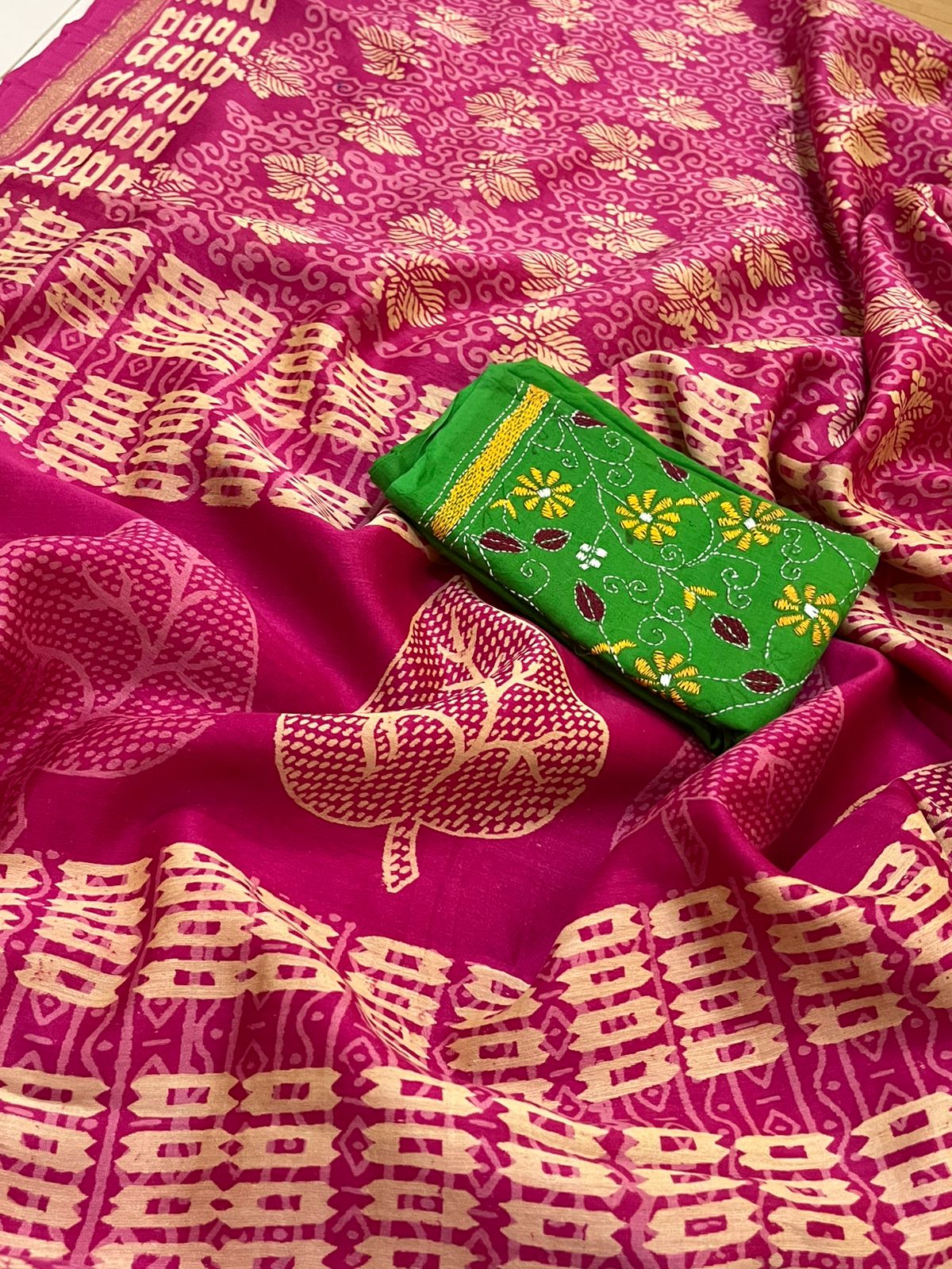 Chanderi Cotton Silk Dabu Hand Block Print Saree - Pink