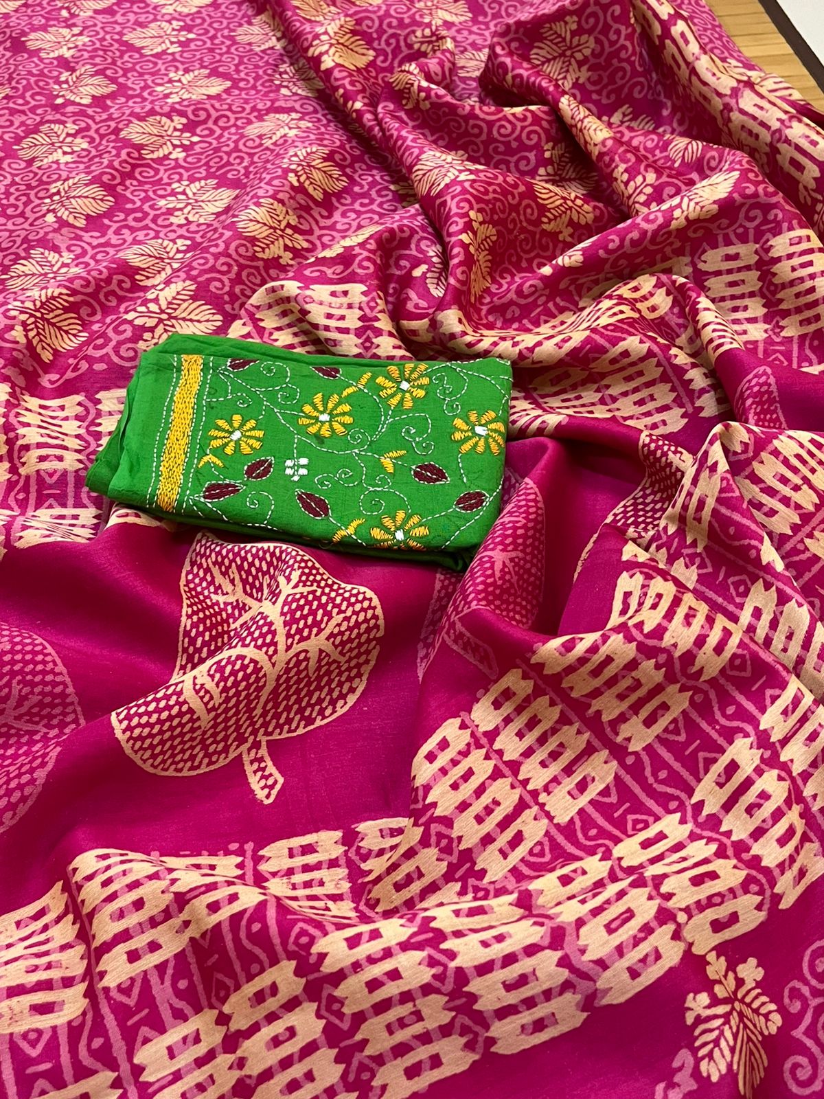 Chanderi Cotton Silk Dabu Hand Block Print Saree - Pink