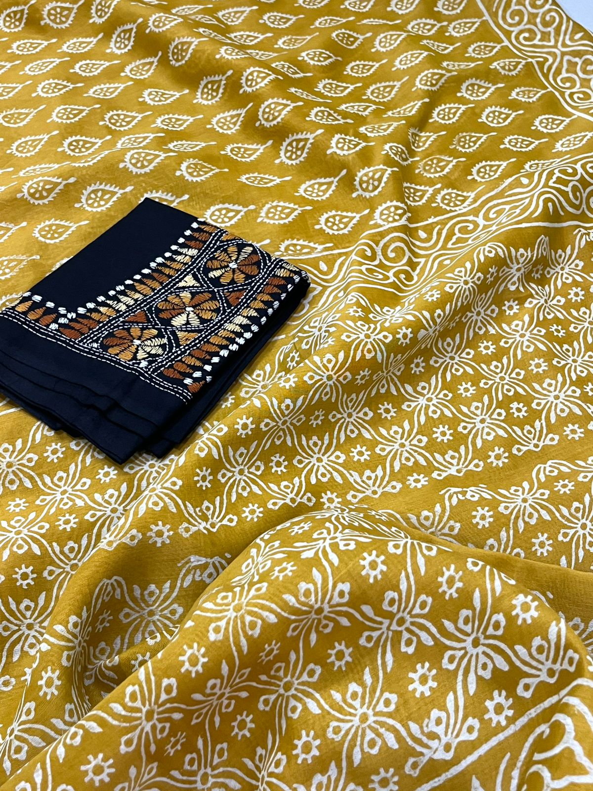 Chanderi Cotton Silk Dabu Hand Block Print Saree - Golden Yellow