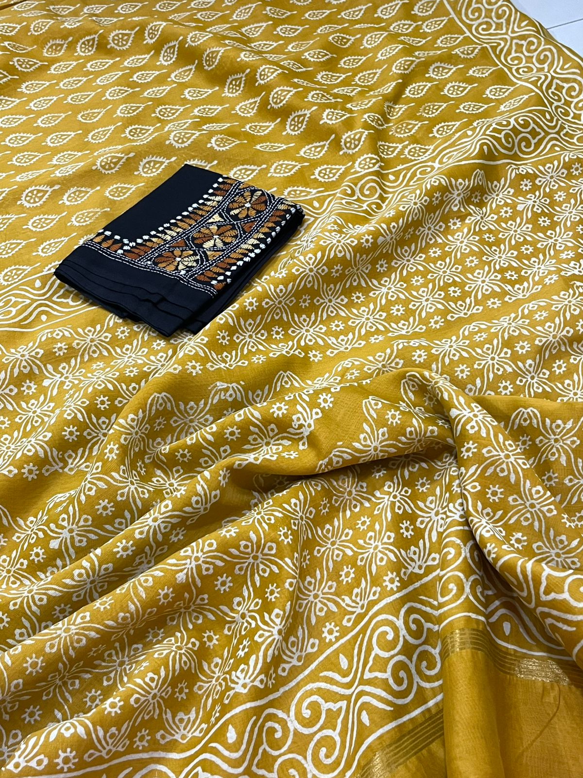 Chanderi Cotton Silk Dabu Hand Block Print Saree - Golden Yellow