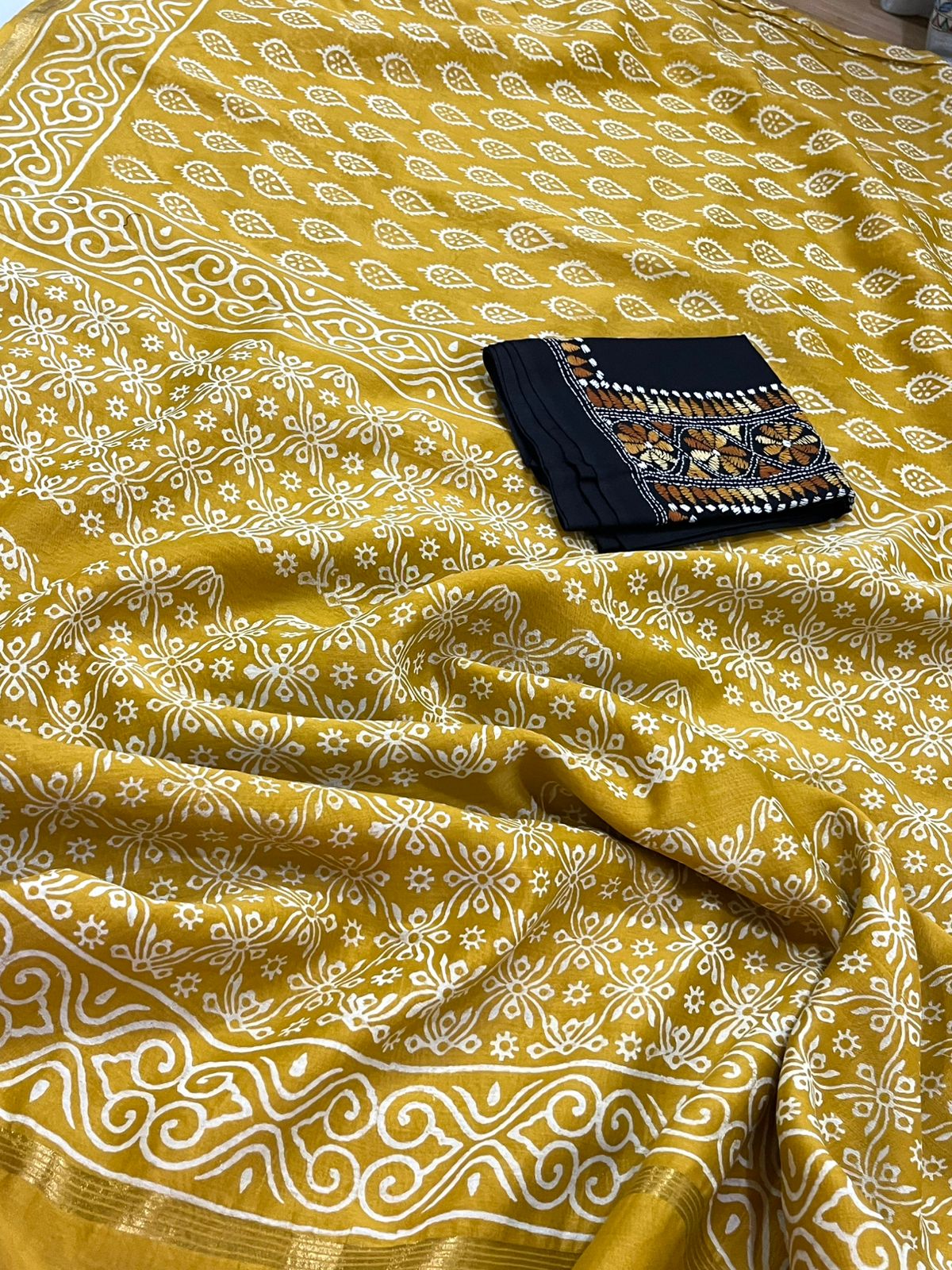 Chanderi Cotton Silk Dabu Hand Block Print Saree - Golden Yellow