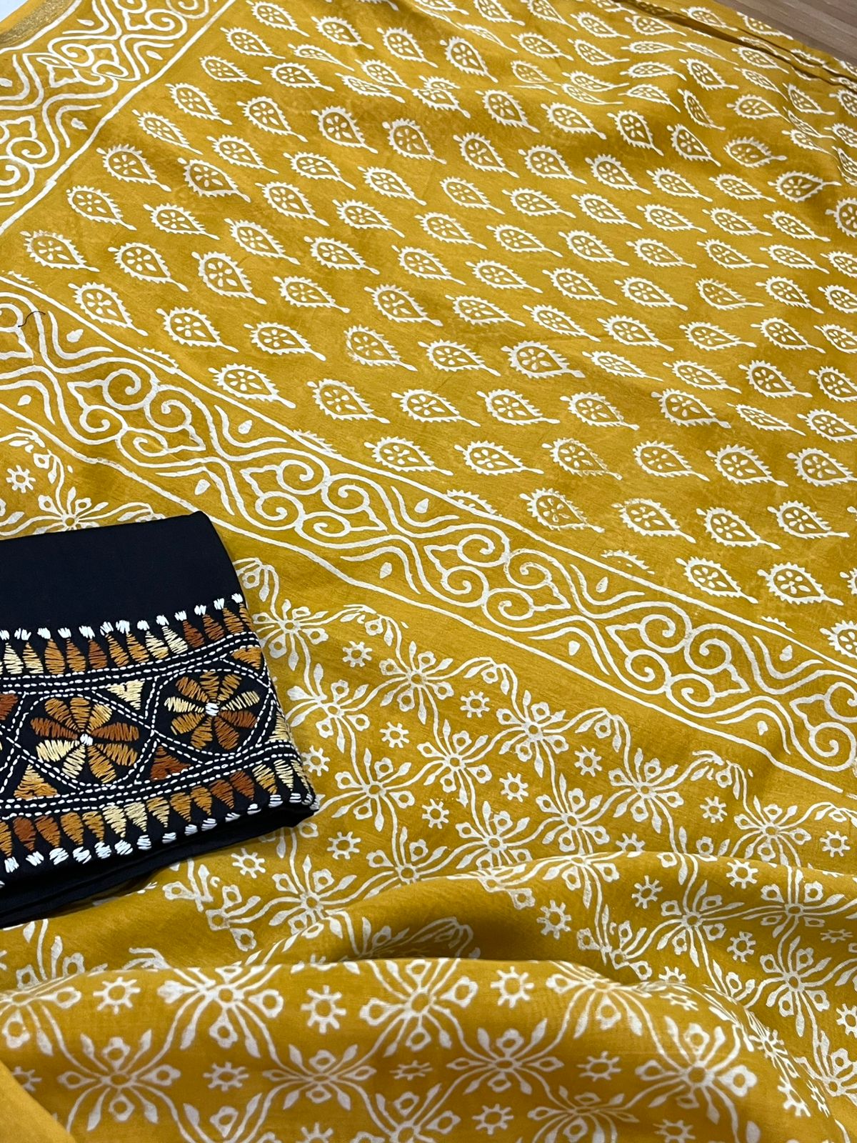 Chanderi Cotton Silk Dabu Hand Block Print Saree - Golden Yellow