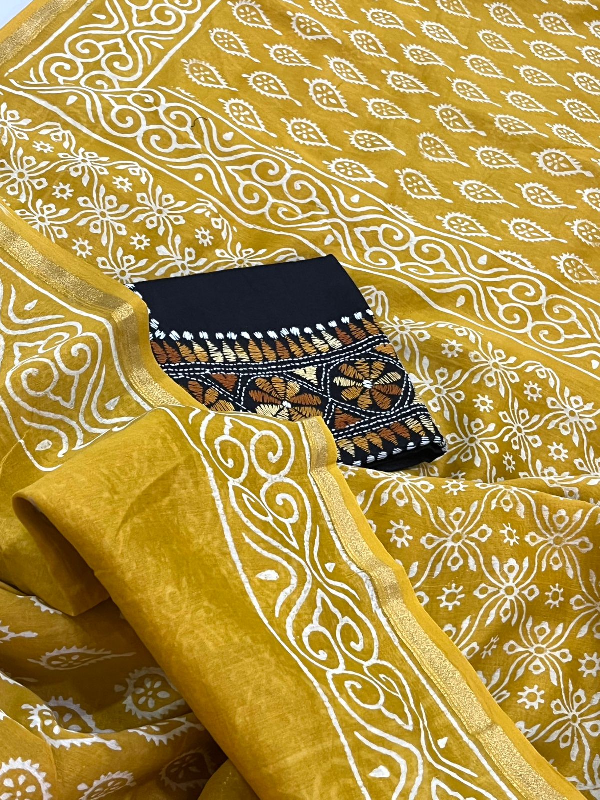 Chanderi Cotton Silk Dabu Hand Block Print Saree - Golden Yellow