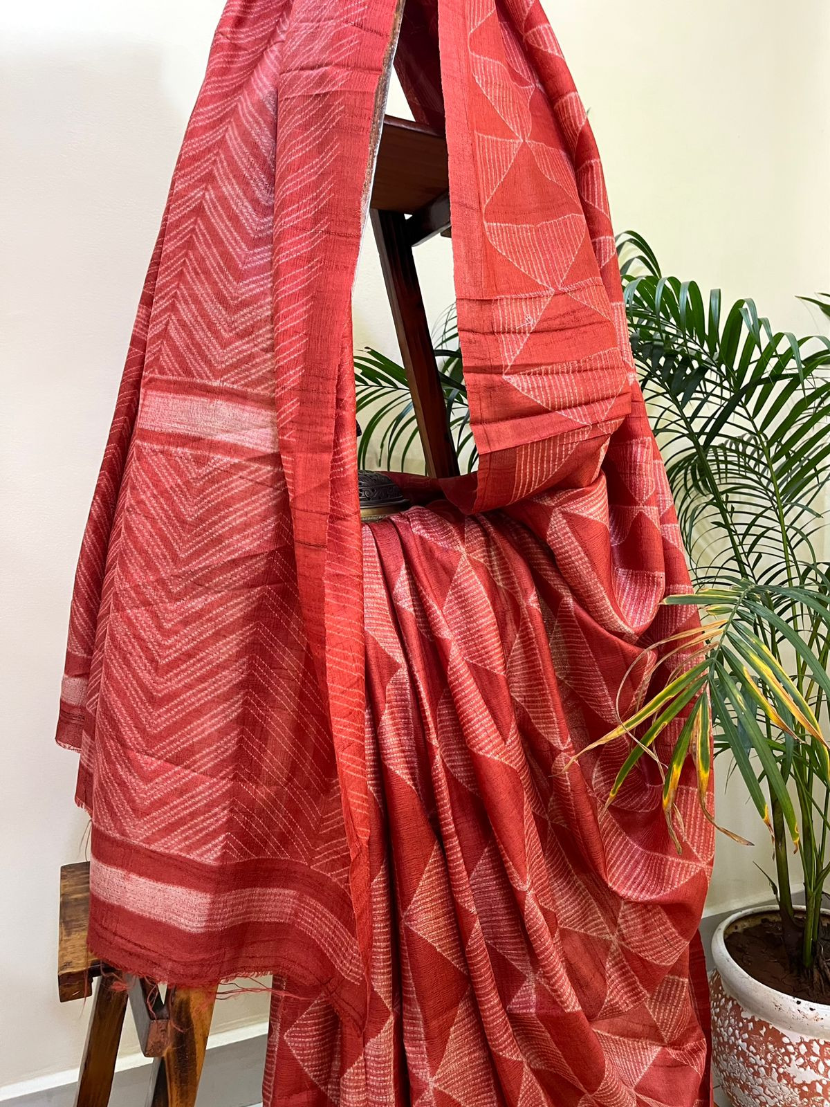 Pure Tussar Shibori Saree - Tomato Red