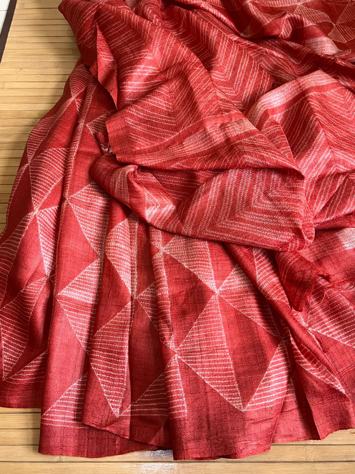 Pure Tussar Shibori Saree - Tomato Red