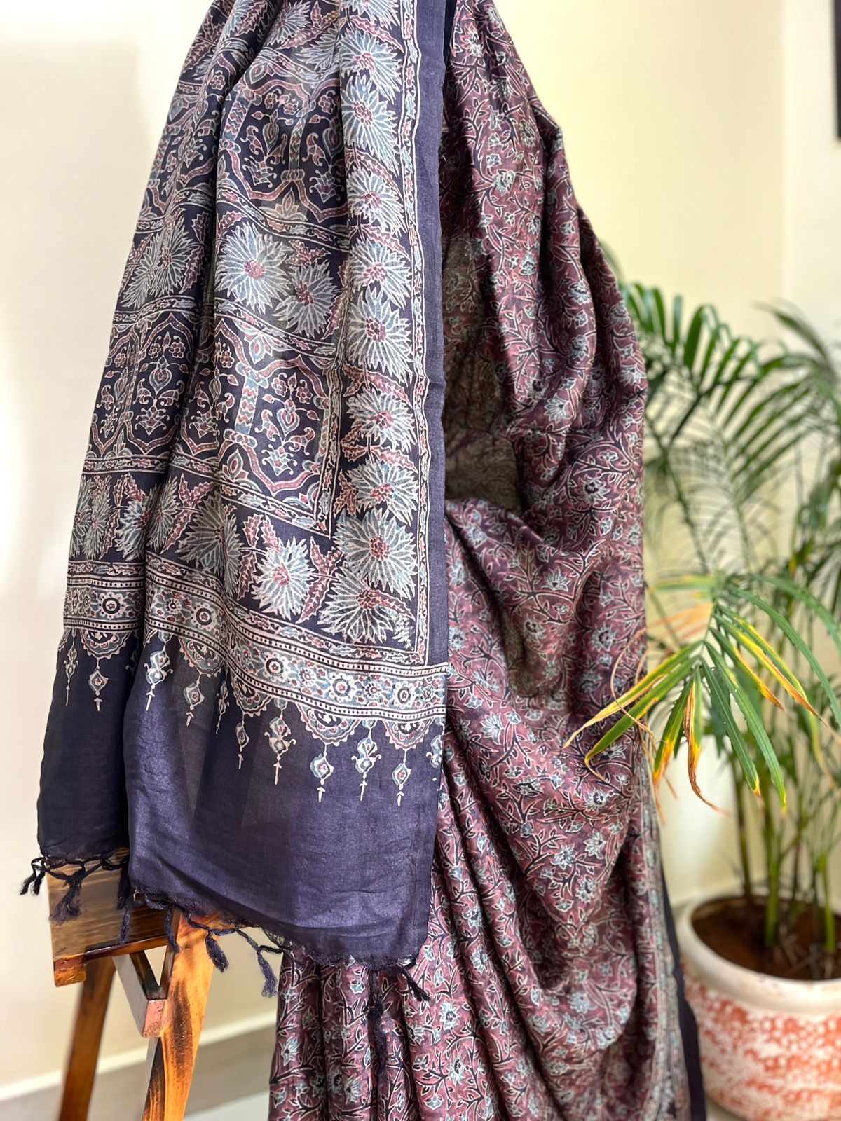 Pure Tussar Silk Saree with Handblock Ajrakh
