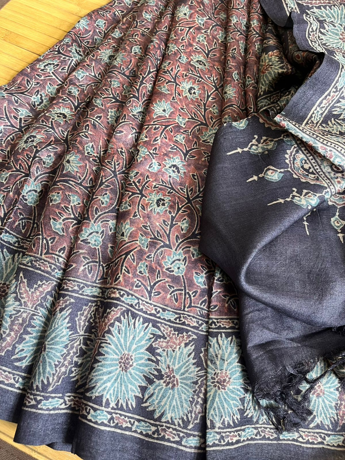 Pure Tussar Silk Saree with Handblock Ajrakh