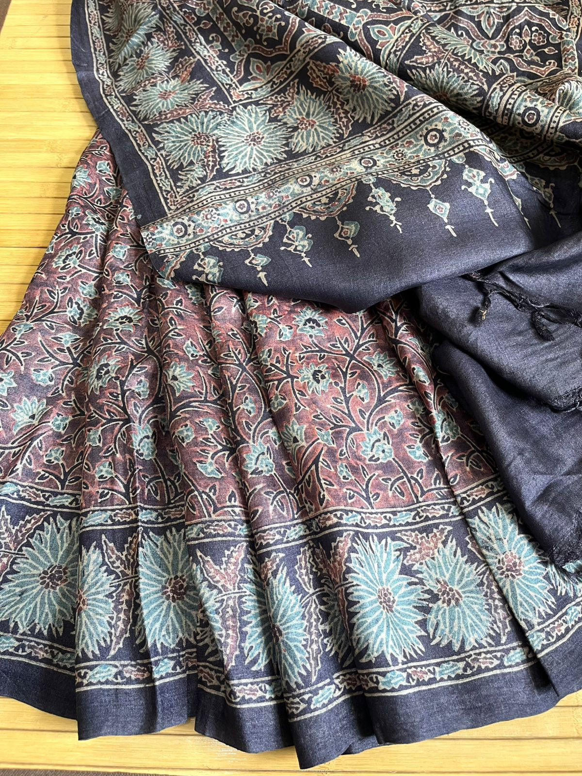 Pure Tussar Silk Saree with Handblock Ajrakh
