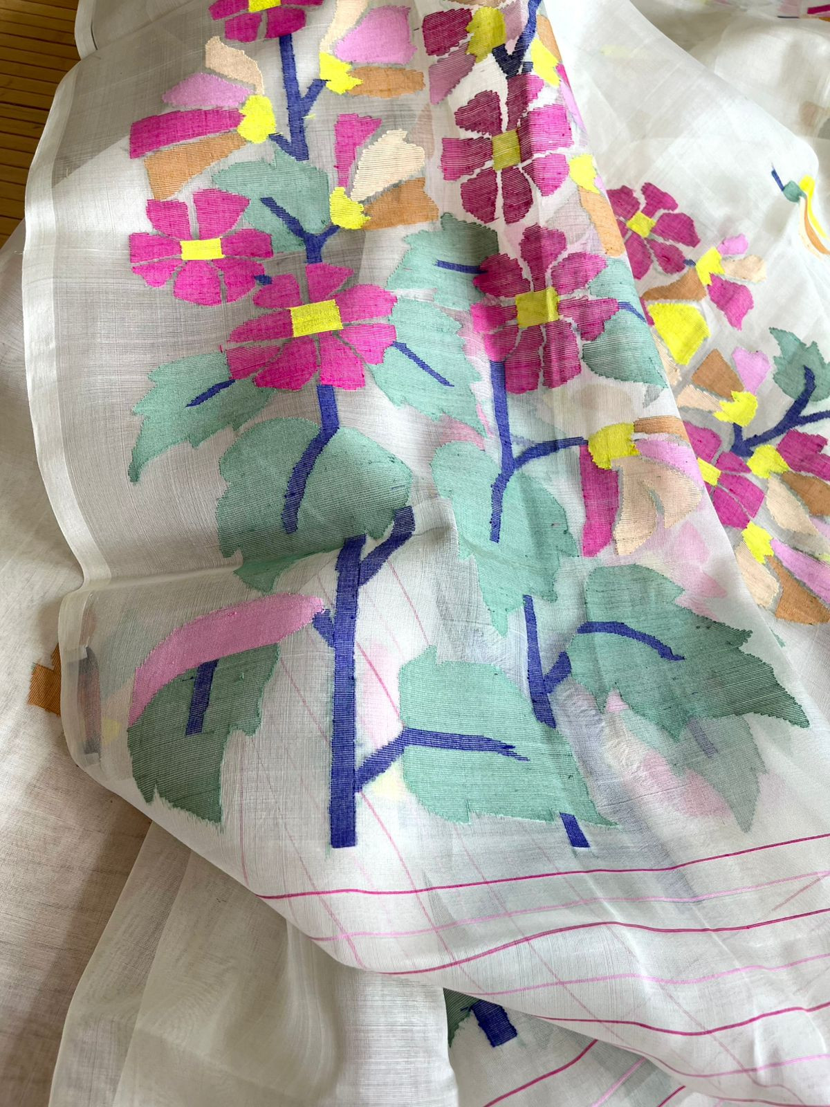 Pure Silk Jamdani Handloom saree - White with multicolour