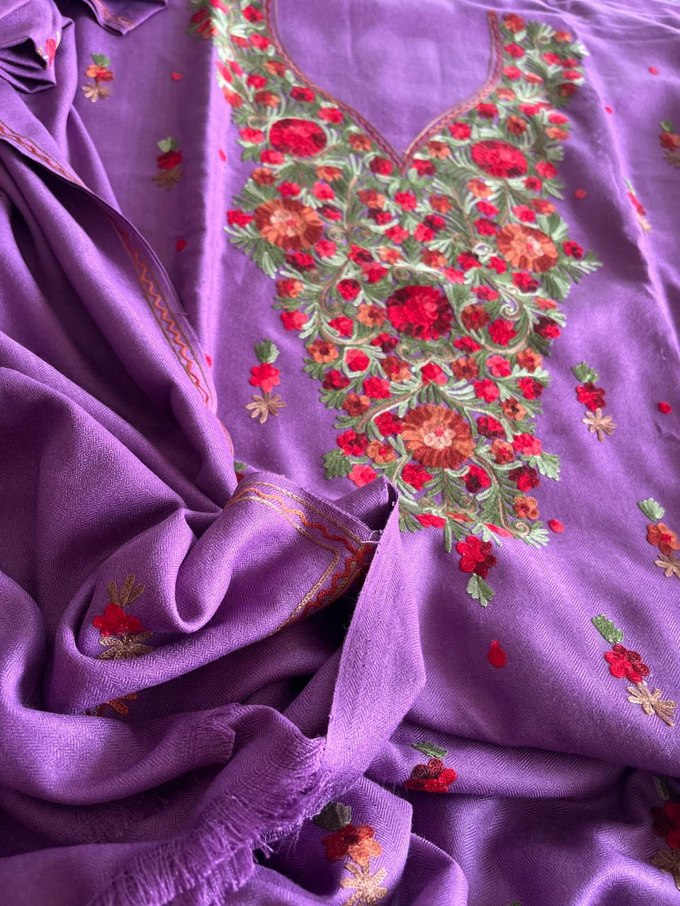 Woollen Embroidered 3 piece Suit - Purple