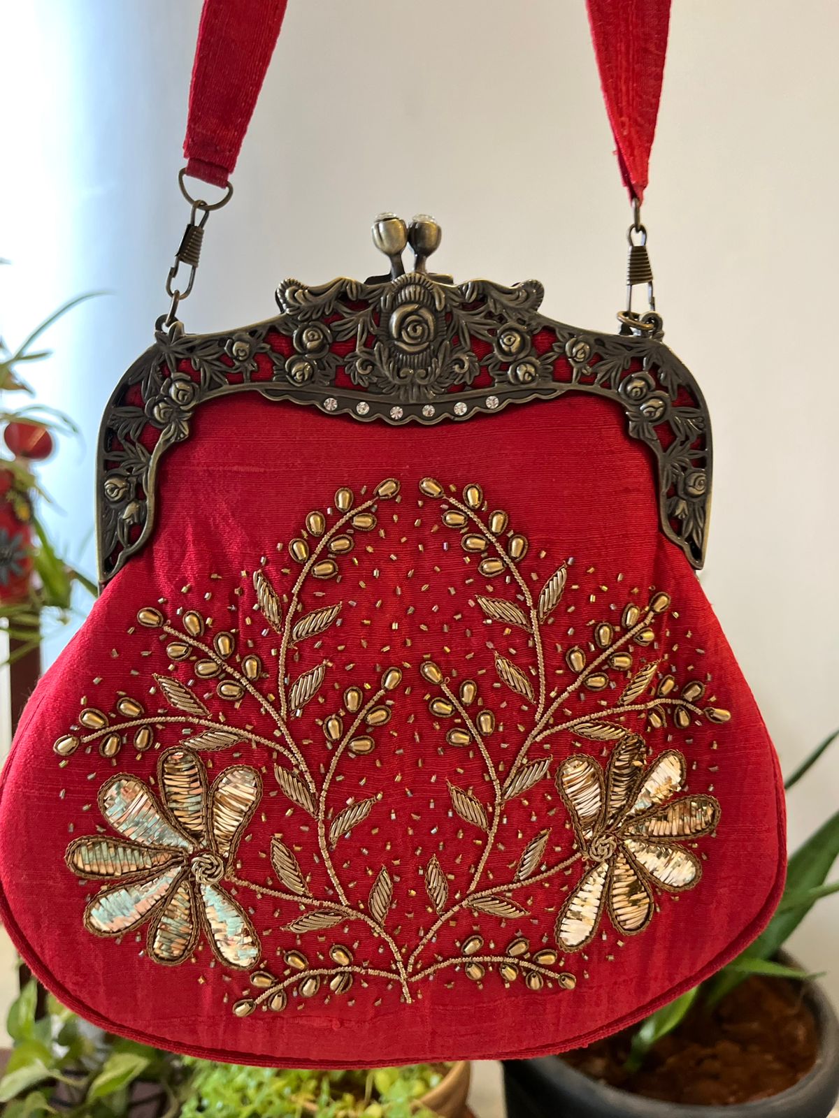 Stunning Embroidered Sling with exquisite Kamdani and Zardozi Work - Garnet Majesty