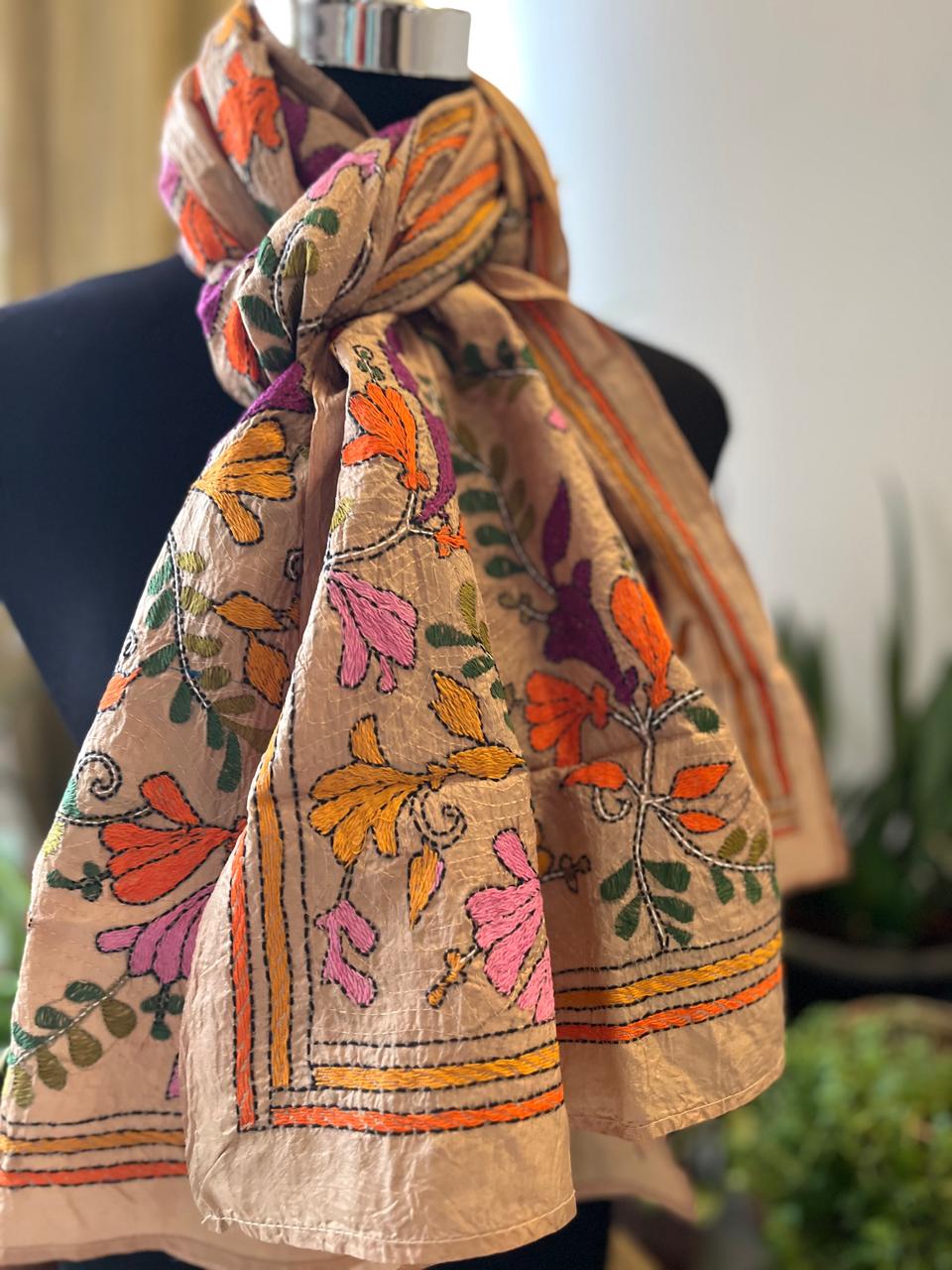 Pure Silk Kantha Hand Embroidered Stole - Beige with Multicolour