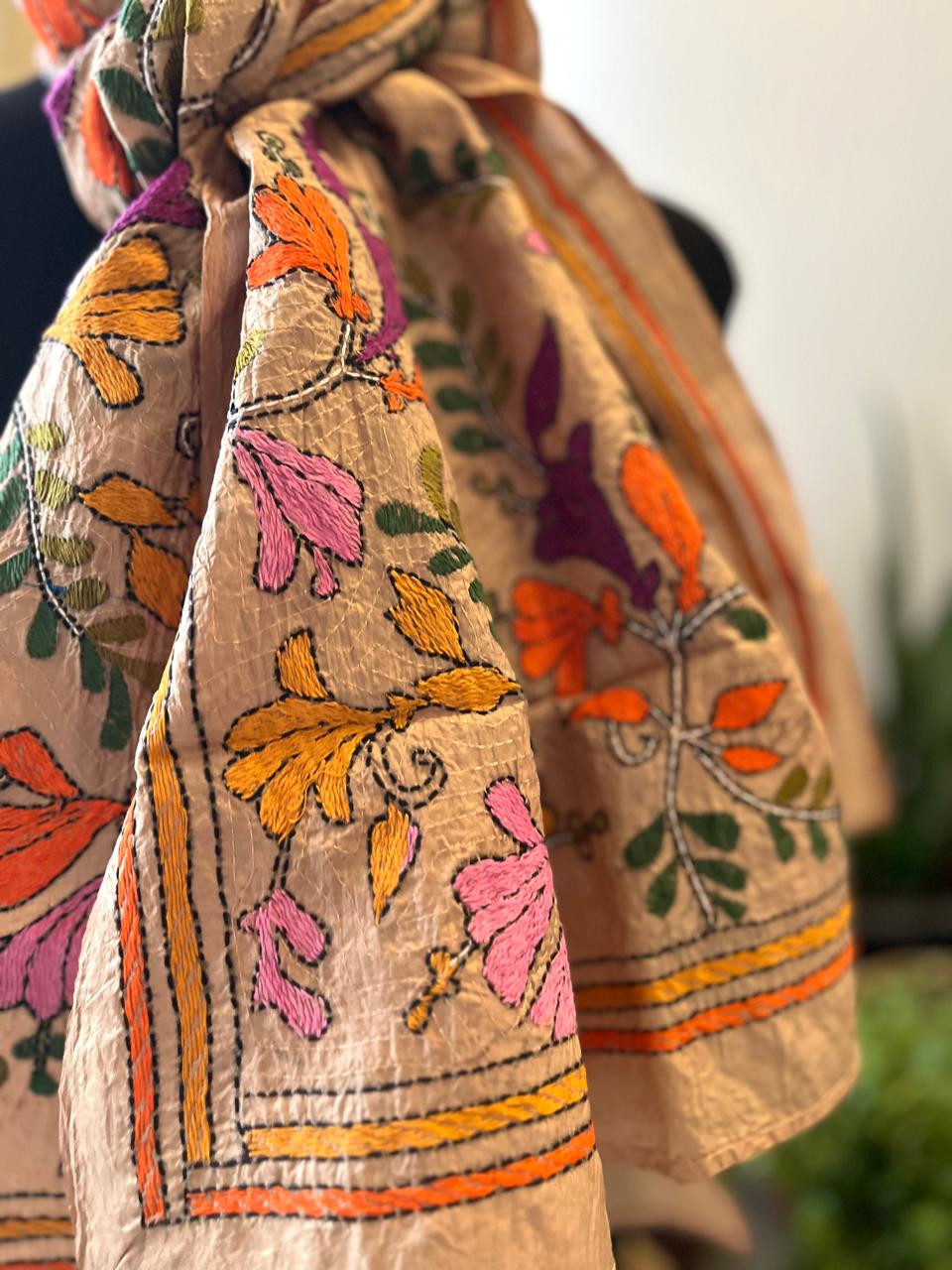 Pure Silk Kantha Hand Embroidered Stole - Beige with Multicolour