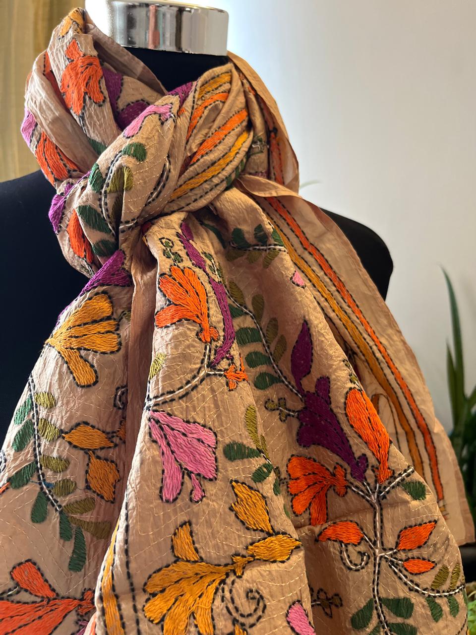 Pure Silk Kantha Hand Embroidered Stole - Beige with Multicolour