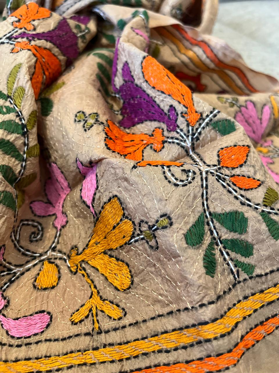 Pure Silk Kantha Hand Embroidered Stole - Beige with Multicolour